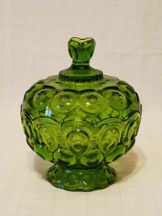 Vintage L E Smith Glass Moon And Stars Green Glass Covered Candy Dish Bowl