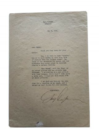 Film Star Gary Cooper Vintage 1930 “signed” Studio Fan Letter
