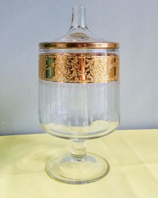 Culver Tyrol Glass Jar Mid Century Modern 22k Hollywood Regency Etched Dish