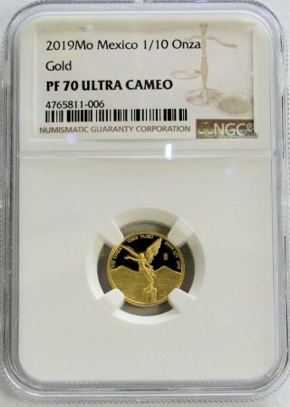 2019 Mo Gold Mexico 1/10 Onza Winged Victory Coin Ngc Proof 70 Ultra Cameo