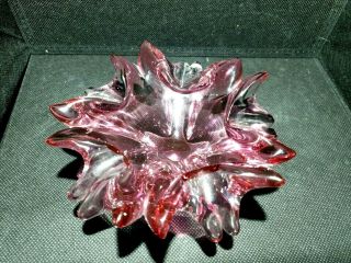 Vintage Murano Italian Pink & Clear Art Glass Ruffled Trinket/mint Dish