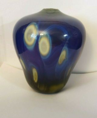 Blown Glass Art Vase Blue Yellow 4.  5  Signed By Artist