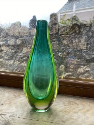 Murano Sommerso Green Yellow 2 Colour Teardrop Vase