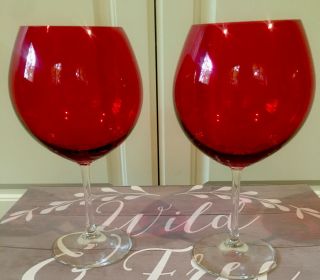 Waterford Marquis Ruby Red Crystal Balloon Wine Stems Pair 8 1/2” Exc