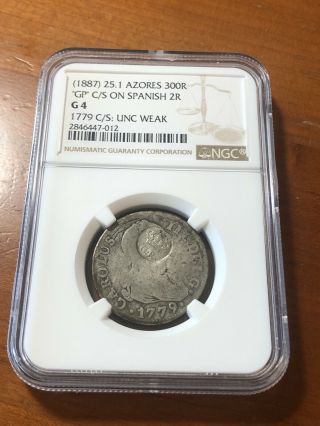 Azores Portugal (1887) 300 Reis C/s On 1779 Spanish 2 Reales Ngc G4