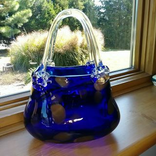 Art Glass Handbag Block Crystal Vase In Cobalt Blue & Gold.