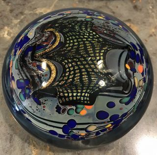 Signed 2002 Rollin Karg Multi - Color Art Glass Cosmic Sculpture Paperweight