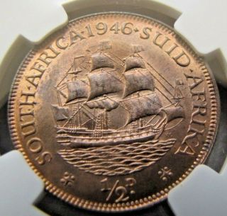 South Africa Halfpenny 1946 Ngc Ms 65 Rb.  Highest Available Grade