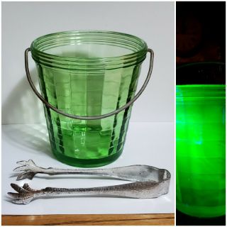 Ice Bucket/tongs Anchor Hocking Block Optic Green Uranium Depression Era Glass