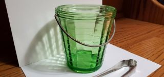 Ice Bucket/Tongs Anchor Hocking Block Optic Green Uranium Depression Era Glass 2