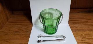 Ice Bucket/Tongs Anchor Hocking Block Optic Green Uranium Depression Era Glass 3