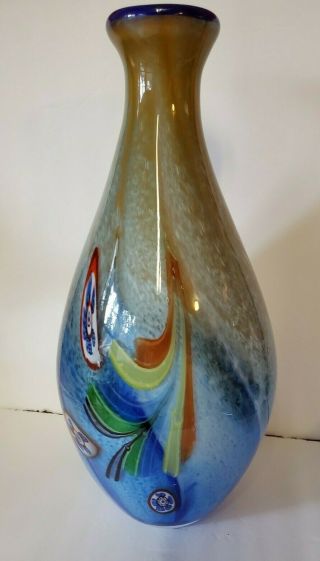 Vintage Murano Millefiori Feathered Art Glass Large 13 7/8 " Vase Blue,  Red,