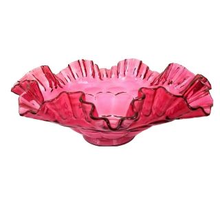 Cranberry Glass Ruffled Fruit Bowl Scalloped Edges 9.  5 " X 3.  3 " Vintage