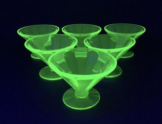 Set Of 6 Vintage Dessert Cup Federal Green Depression Glass Vaseline Uranium Usa