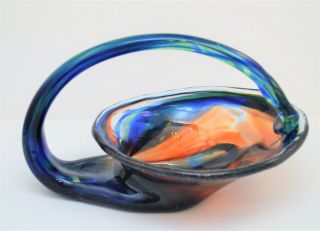 Murano Art Glass Cornucopia Basket Centerpiece Dish Blue Orange Bubbles