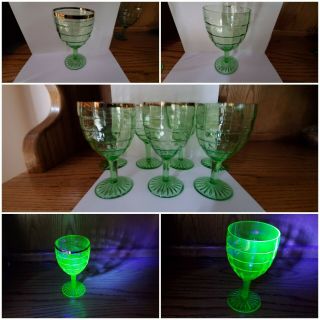 7 Vintage Uranium Glass Depression Era Green 5 3/4 " Tall Stemware Glasses