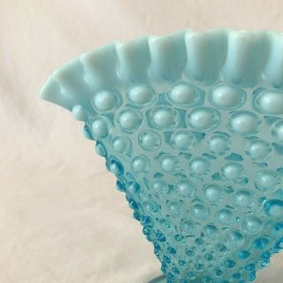 Fan Shape Milk Glass Ombre Blue Fenton Hobnail Vase With Ruffle Edges