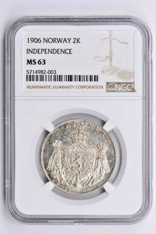 1906 Norway 2 Kroner Ngc Ms 63,  Independence Witter Coin