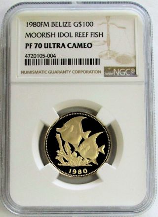 1980 Fm Gold Belize $100 Moorish Reef Fish Coin Ngc Proof 70 Ultra Cameo