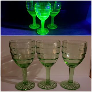 3 Vintage Uranium Glass Depression Era Green 3 3/4 " Tall Stemware Glasses