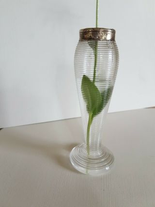 Antique Edwardian Mantel Spill Vase Ribbed Glass Hm Silver Collar