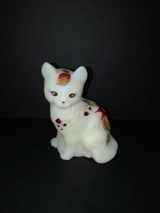 Fenton Glass Sitting White Satin Cat Hand Painted Christmas Holiday Poinsettias