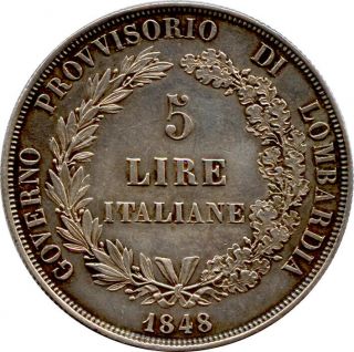 ITALY Lombardy - Venetia Provisional Government silver 5 Lire 1848 M KM 22.  1 2