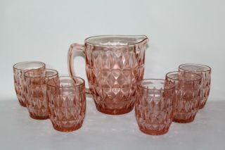 Vintage Jeanette Windsor Diamond Pink Depression Glass Pitcher And 6 Tumblers