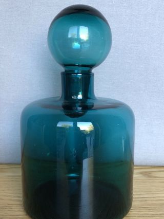 Vintage Teal Blue Blown Glass Bottle With Stopper Tiny Air Bubbles