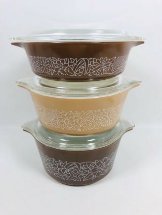 Set Of 3 Pyrex Woodland Brown/tan 471 - B,  472 - B,  473 - B Casserole Dishes W/lids