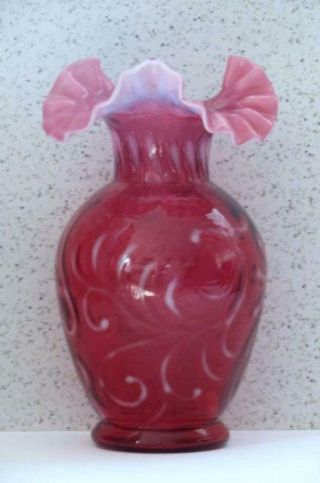 Fenton Cranberry Opalescent Buttons & Braids Vase Showcase Dealers Exclusive