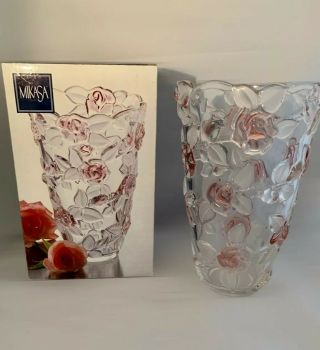 Mikasa Bella Rosa Pink Frost Crystal Vase Raised Pink Flowers Frosted Leaves