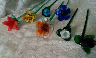 Vintage Hand Blown Murano Style Glass Flowers,  Set Of Eight.  14 " Long