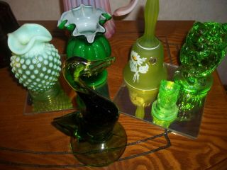 Green Glass Hobnail Small Vases Small Figures Owls Bell