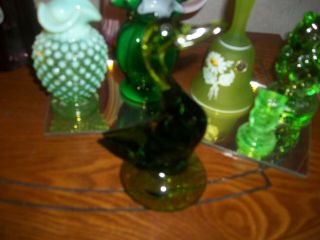 Green glass hobnail small vases small figures owls bell 3