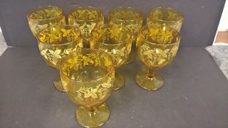 Wine Glasses Goblets Amber Gold Grape Etched Thumbprint X 8 Bartlett And Collins