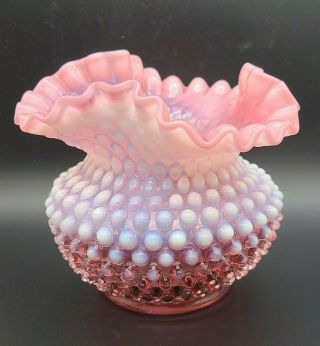 Vintage Fenton Cranberry Pink Opalescent White Milk Glass Hobnail Ruffled Vase