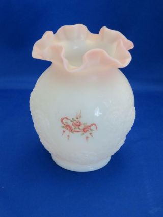 Vtg Fenton White Art Glass Vase Hand Painted Flowers Pink Ruffled Amy Sallee