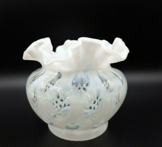 Vintage Fenton White Coin Dot Opalescent Vase With Crimped Edge