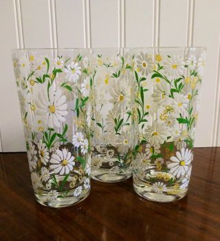 Vintage Culver Glass Set Of 3 Daisy Drinking Glasses 6  1/4 Mcm