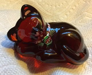 Vintage Fenton Art Glass Ruby Red Sleeping Christmas Kitten/cat Artist Signed