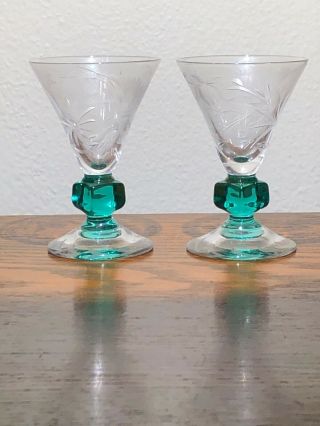 Two (2) Vintage Crystal Etched Cordial Dessert Glasses Green Stems Gorgeous