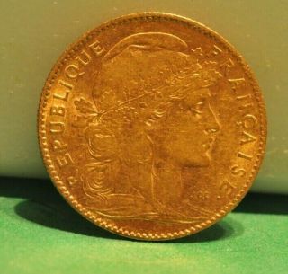 1901 France 10 Franc Rooster Gold Coin.  0933 Agw Au,