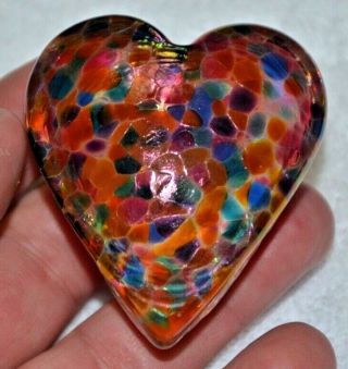 Robert Held Art Glass Iridescent Heart Shaped Paperweight Signed Rhag 2.  5 "