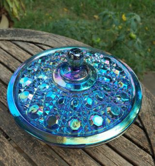 Vintage Blue Purple Iridescent Carnival Glass Candy Dish Windsor Indiana Glass