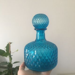 Vintage 1960s Mid Century Decanter Glass Bottle With Globe Stopper Blue Empoli
