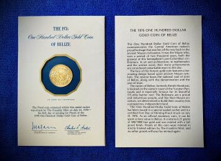 Belize 1976 Gold $100 Proof Coin Uncirculated Franklin One Hundred Km 52