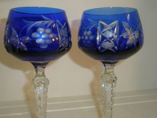 2 Vtg Wine Glasses Cobalt Blue Cut To Clear Crystal Hocks Traube Grape Notched