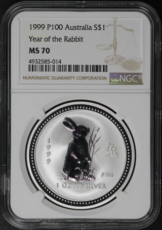 1999 P100 Australia $1 Silver Year Of The Rabbit Ngc Ms - 70