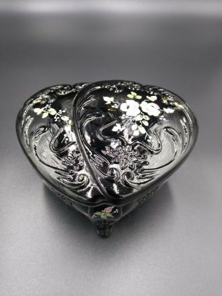 Fenton Glass Hand Painted Copper Rose On Black Glass Double Heart Trinket Box